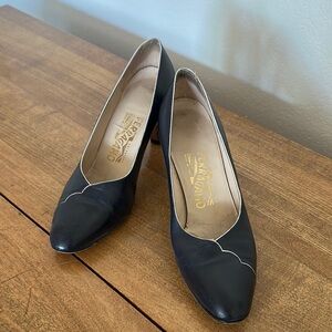 Vintage Salvatore Ferragamo Black Leather Heels with White Trim